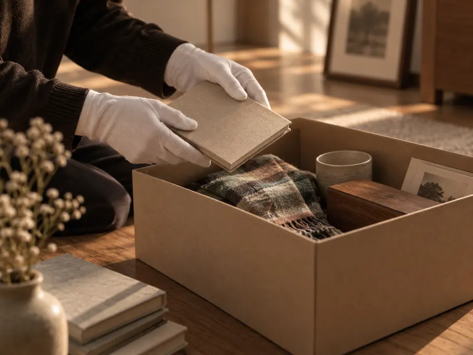 장갑을 끼고 상자를 포장하는 손을 그린 그림, 대청면 유품정리